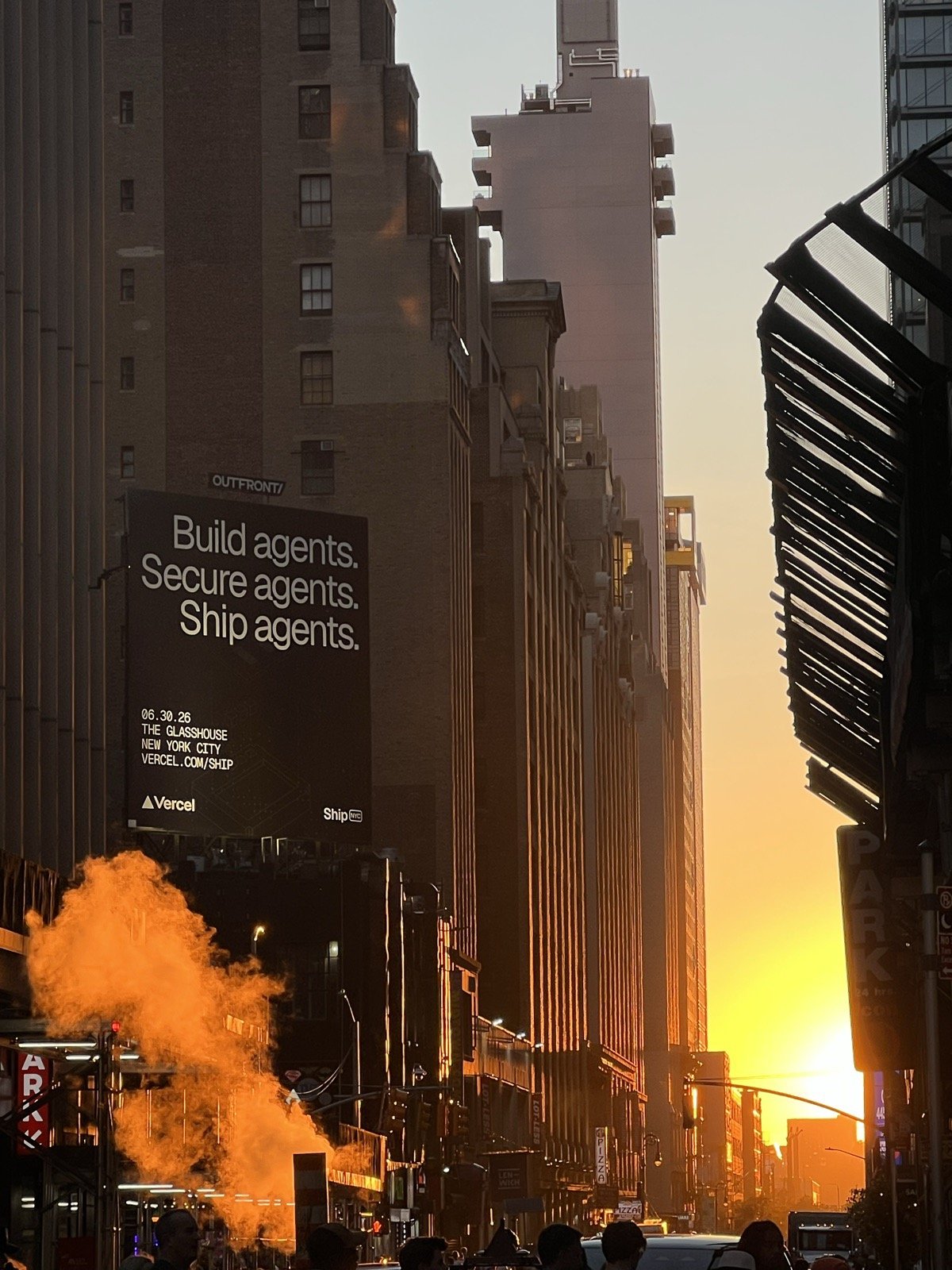One of Vercel's Ship billboards in Manhattan at sunset: Build agents. Secure agents. Ship agents.